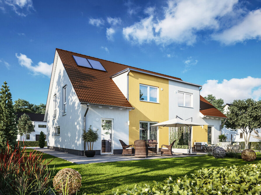 Town&Country Massivhaus, Doppelhaus Duett 125– Trend, Garten, Außenansicht
