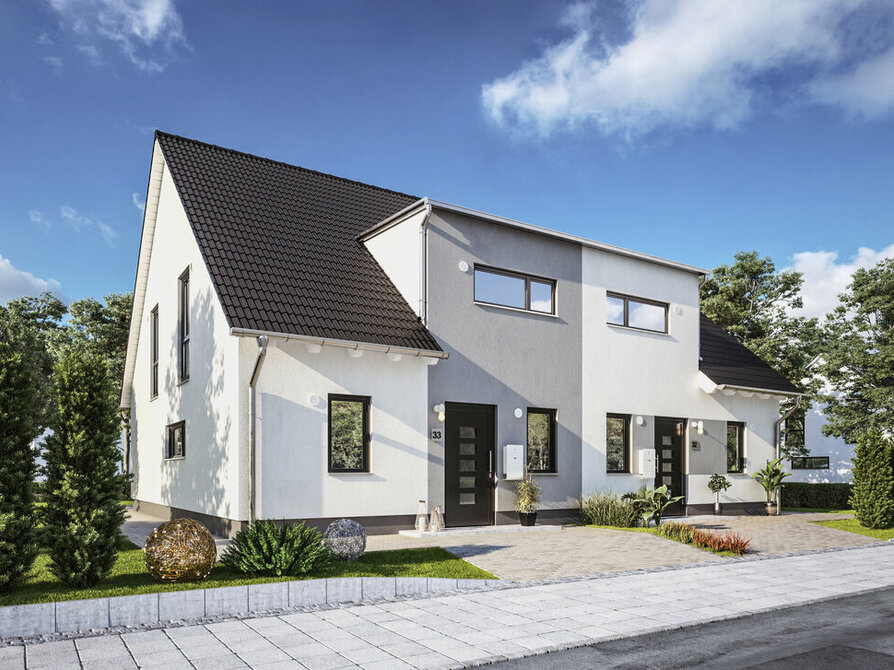 Town&Country Massivhaus, Doppelhaus Duett 125– Elegance, Straße, Außenansicht