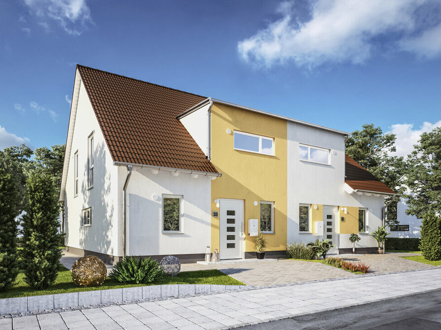 Town&Country Massivhaus, Doppelhaus Duett 125– Trend, Straße, Außenansicht