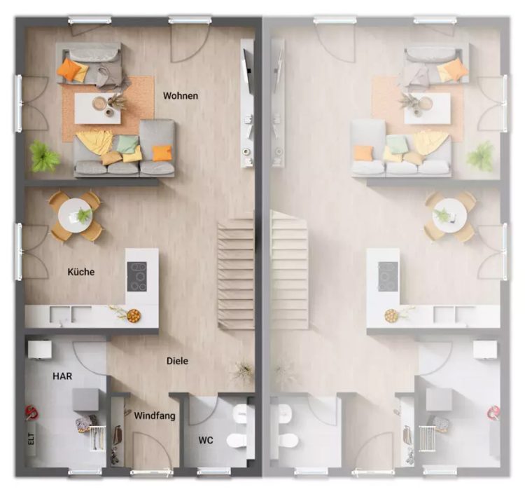 Town & Country Massivhaus, Grundriss Erdgeschoss, Doppelhaus Aura 128