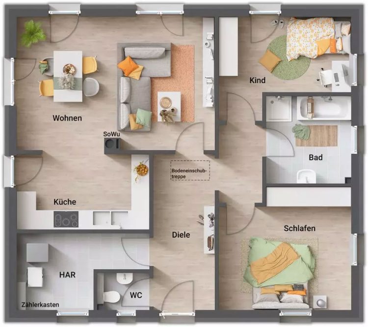 Grundriss_Bungalow_92 Town & Country Massivhaus, Grundriss Bungalow 92 m2
