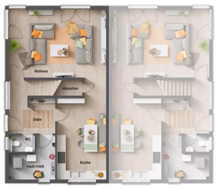 Town & Country Massivhaus, Grundriss Erdgeschoss, Doppelhaus Aura 141