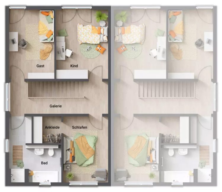 Town & Country Massivhaus, Grundriss Obergeschoss, Doppelhaus Aura 141