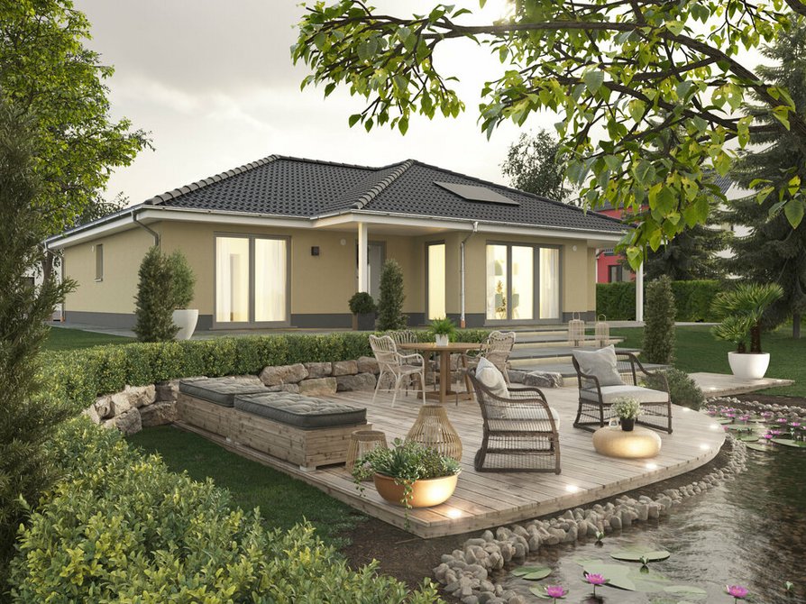 Town&Country Massivhaus, Winkelbungalow 128 - Trend, Garten Außenansicht
