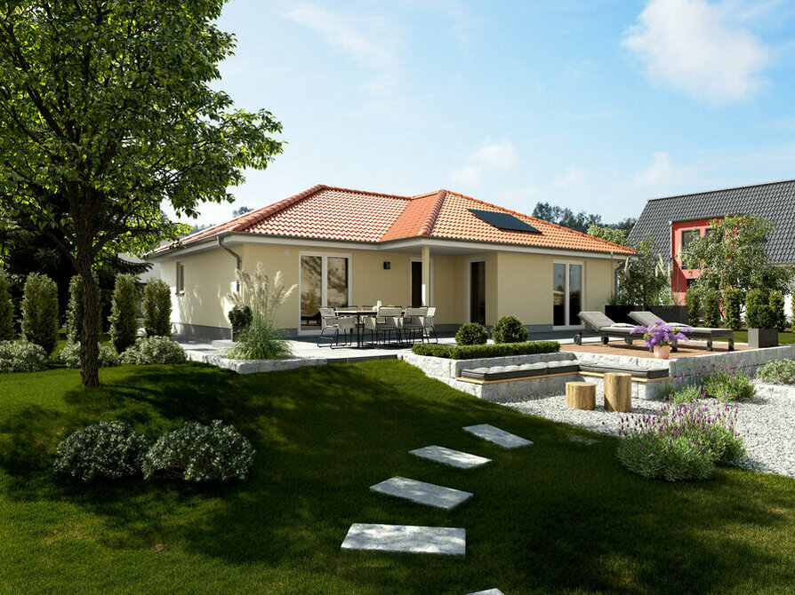 Town&Country Massivhaus, Winkelbungalow 108 - Trend, Garten Außenansicht